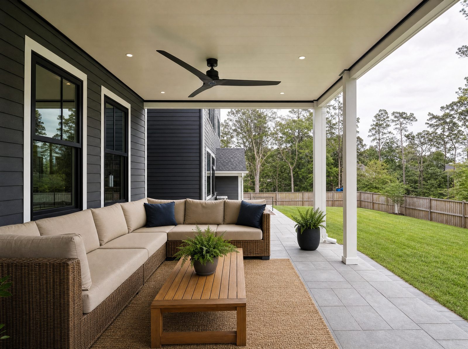 Dry outdoor living space under a deck